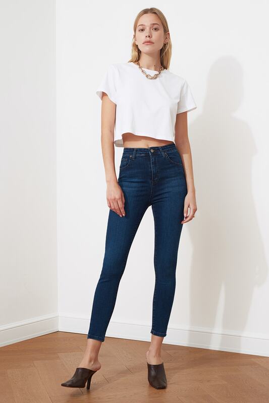 Trendyol Jeans Skinny Pinggang Tinggi Jeans Biru Wanita Tebal Musim Dingin Celana Denim Slim Fit Hangat Bulu Domba Sederhana TWOSS20JE0302
