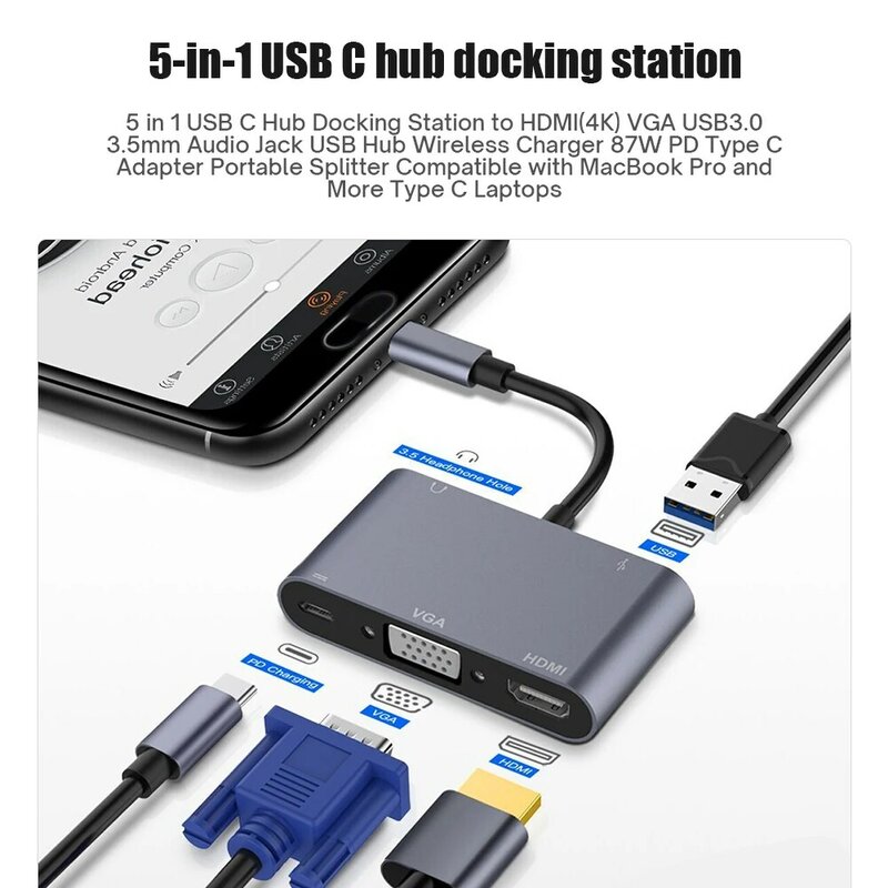 5 in 1 USBハブ,3.0コンピューター用,vgaラップトップアダプター,pd充電,5ポート,hdmi,4k,3.5mm,ノートブックタイプc,分離ステーション