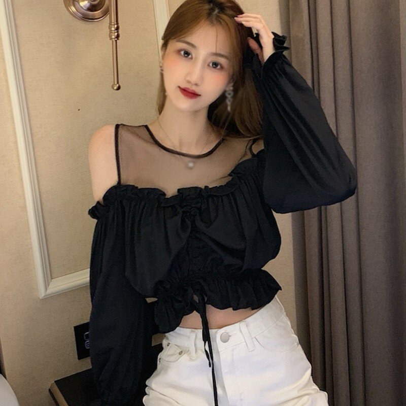 Efinny malha emenda chiffon blusa feminina moda coreana manga longa blusas sexy umbigo exposto camisa curta topos