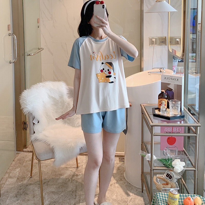 Pyjama Panda bleu pour femmes, tenue d'été à manches courtes, Style coréen, décontracté, ample, pour étudiantes, printemps et automne, vêtements de maison frais et fins
