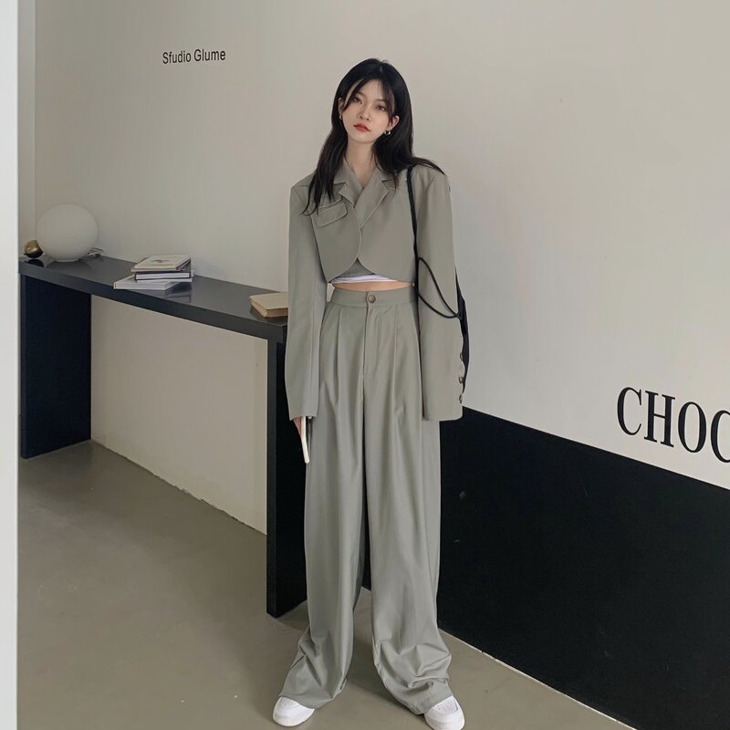 Blazer Desain Chic Korea Navel Terkena Atasan Lengan Panjang Pinggang Tinggi Celana Lantai Kasual Vertikal