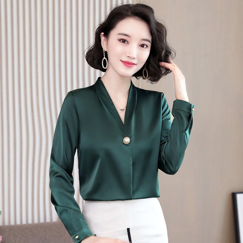 Blusas Mujer De Moda 2021 V-neck Office Ladies Tops Long Sleeve Women Chiffon Blouse Women Tops Womens Tops And Blouses