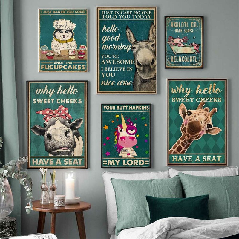 Sztuka Retro zwierząt płótno malarstwo śmieszne żyrafa Alpaca plakat slogan malarstwo ścienne salon dekoracje do wnętrz do sypialni mural