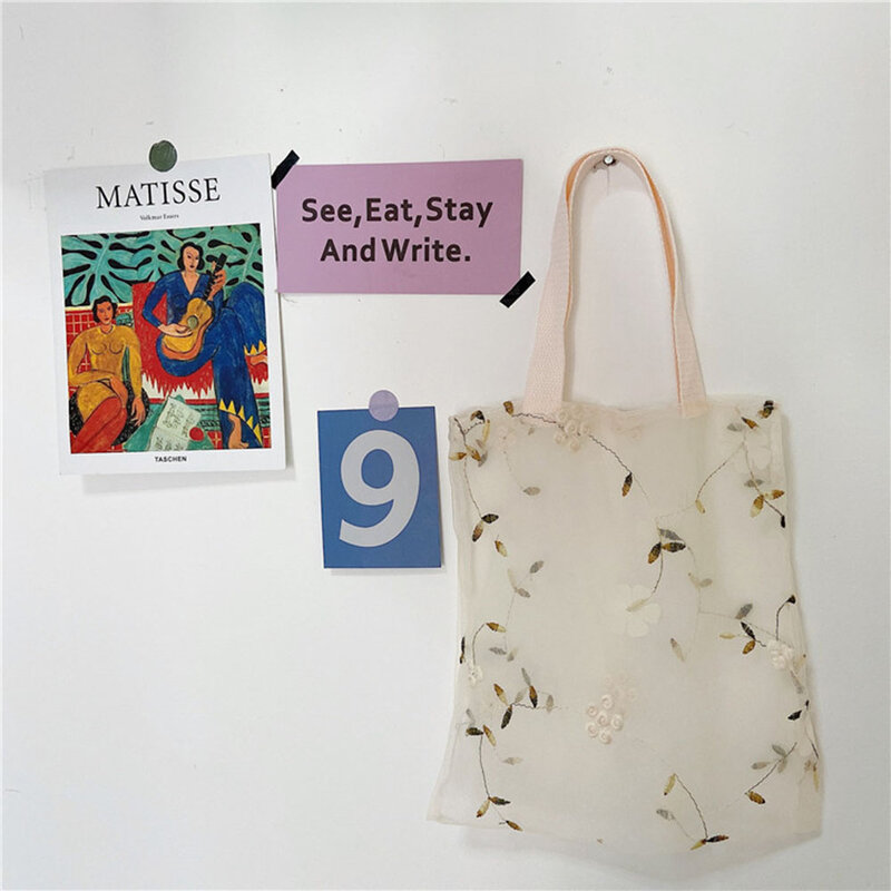 Bolsa para compras portátil bordada 3d, bolsa pequena de malha transparente reutilizável e dobrável para compras, bolsa de mão feminina para armazenamento