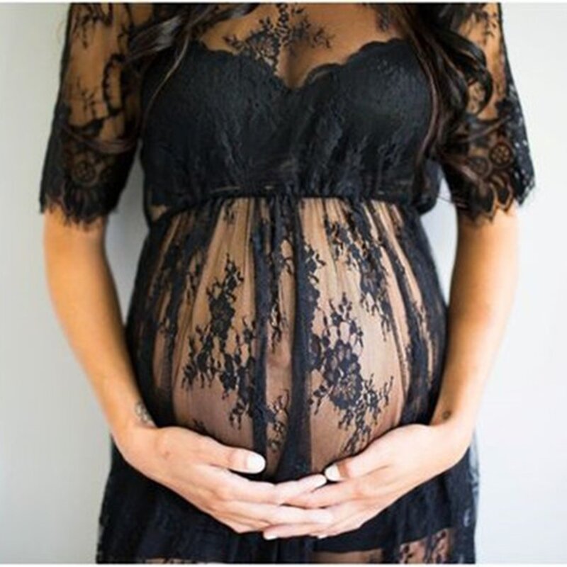 Moda ciążowa sukienka damska czarny krótki rękaw Sexy O-Neck koronkowa fotografia strzelać плацие ciąża letnie codzienne ubrania