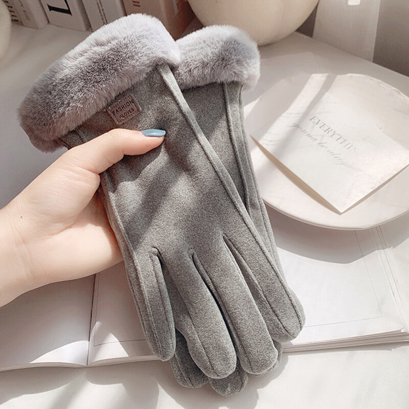 Suede gloves women's winter Plush thickened outdoor cycling gloves new wool mouth touch screen warm gloves