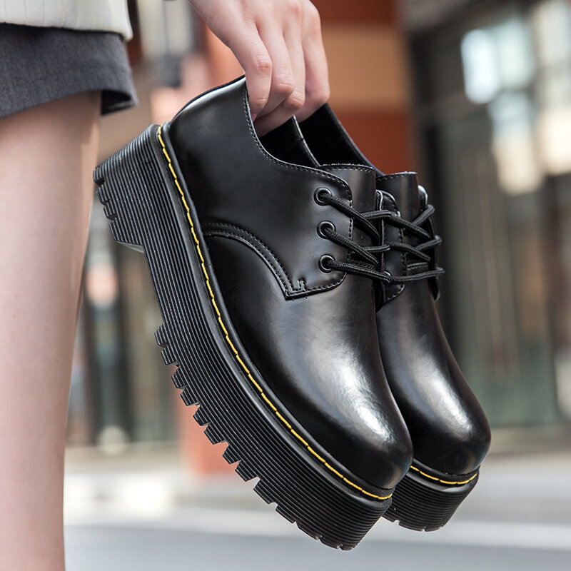 Oxfords – chaussures en cuir à lacets pour femmes, semelle épaisse, semelle plate, décontractées, noires, printemps-automne, 2021