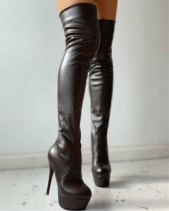 Сексуальные маленькие Фетиш-туфли на очень высоком каблуке, зимние женские сапоги выше колена с мехом на платформе, размеры 31-46
