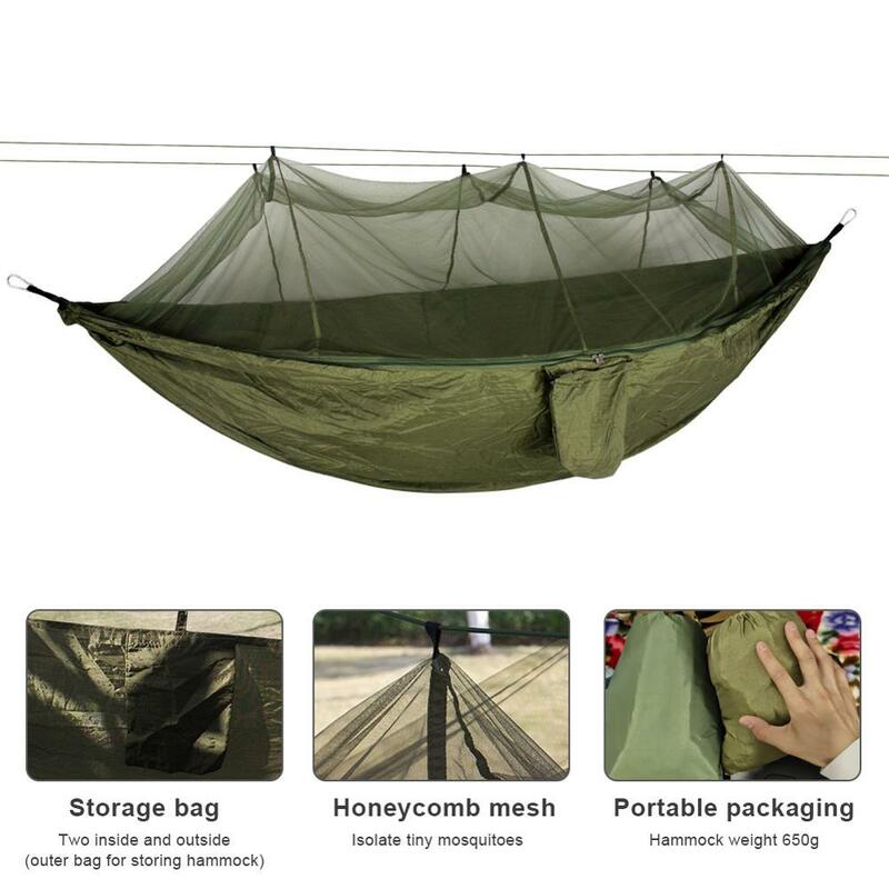 Hamak kempingowy/ogrodowy z moskitierą dla 1-2 osób, przenośny sprzęt ogrodowy, wiszące łóżko, hamak do spania, tkanina na spadochron, 1-osobowy, 2-osobowy
