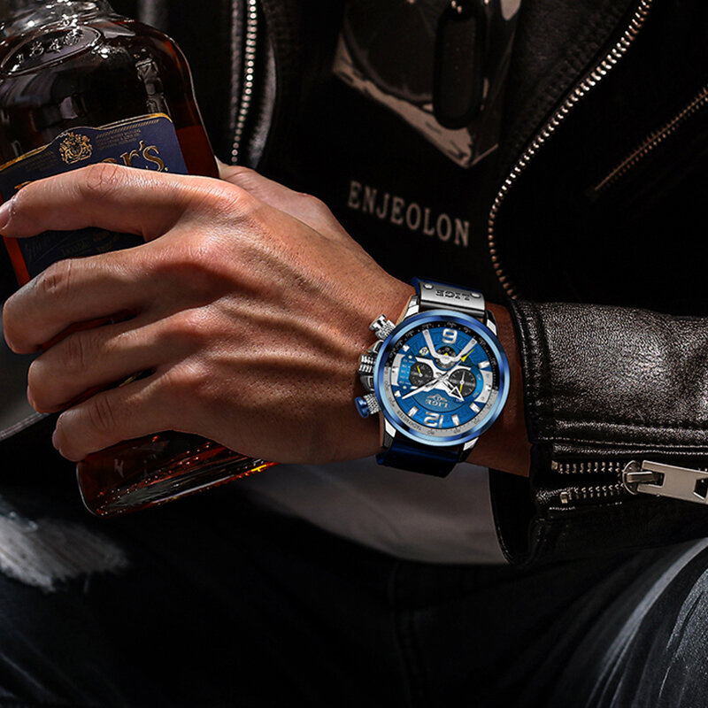 LIGE-남성용 스포츠 시계, 최고 브랜드 럭셔리 밀리터리 가죽, 남성 시계, 패션 크로노 그래프 손목 시계, 2020