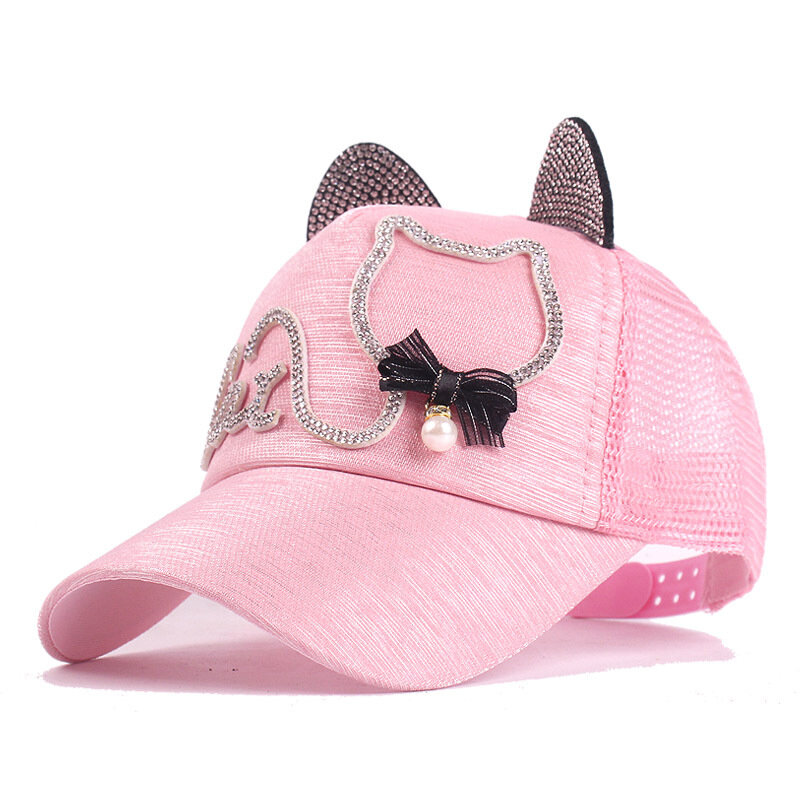 Spring Summer Cartoon Cat Baby Baseball Caps Children Cute Ears Mesh Sun Hat Boy Girl Kids with Diamond Adjustable Snapback Hats