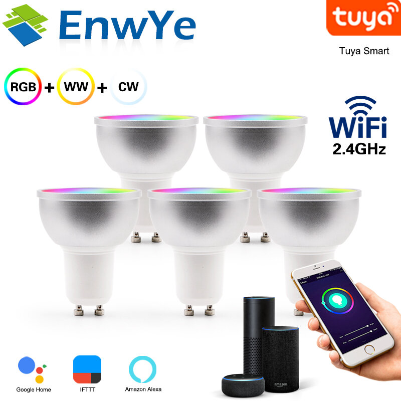 Bombilla LED inteligente con WiFi, 5 uds., 5W, RGB + WW + CW, compatible con Tuya, Google Home, IFTTT, Control remoto por voz, GU10