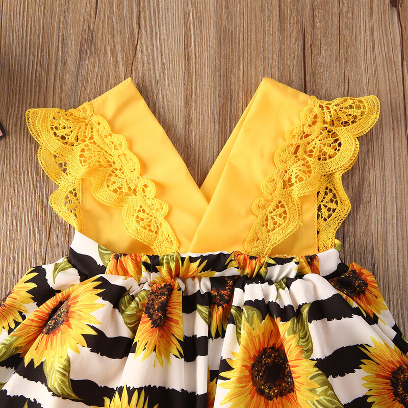 Ruffle Berenda Tanpa Lengan Musim Panas Baju Anak Perempuan Bayi Baru Lahir Pudcoco Ikat Kepala Romper Cetak Bunga Matahari 2 Potong Set Baju Pakaian Sunsuit