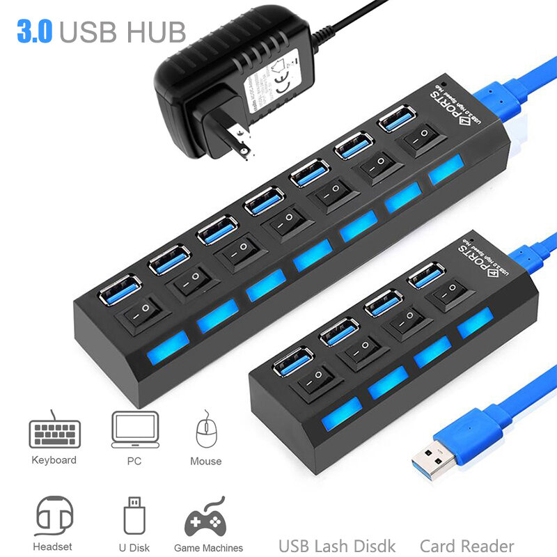 USB 3.0 Hub 5Gbps Kecepatan Tinggi Multi USB Splitter 3 Hab Menggunakan Adaptor Daya 4/7 Port Beberapa Hub Expander dengan Tombol untuk PC Laptop