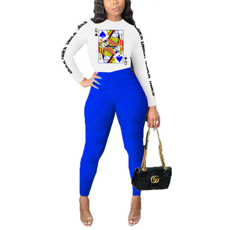 Traje de estilo popular para mujer, camisa de manga larga y pantalones con estampado Q de póker, color sólido, 2 piezas, Otoño, 2020