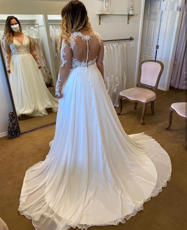 Elegant Wedding Dresses Plus Size Long Sleeves V Neck Lace Appliques Ruffles Chiffon A Line Bridal Gowns Custom Made Boho Beach