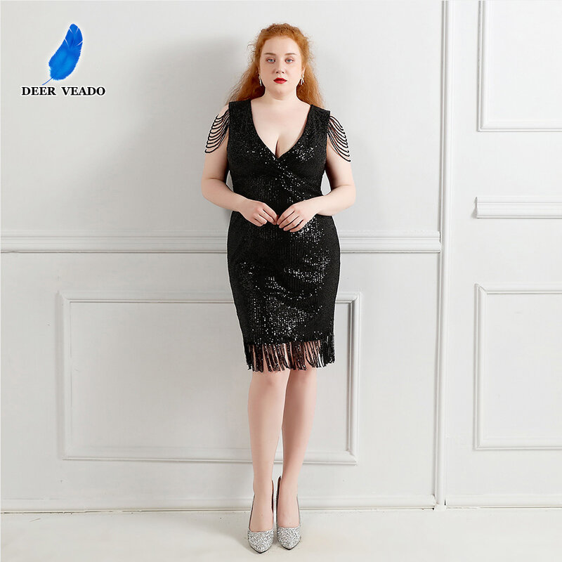 DEERVEADO K18193-Vestidos de Fiesta Cortos de talla grande para mujer, elegantes vestidos negros con cuentas de lentejuelas, vestido de fiesta de graduación sirena para 2021