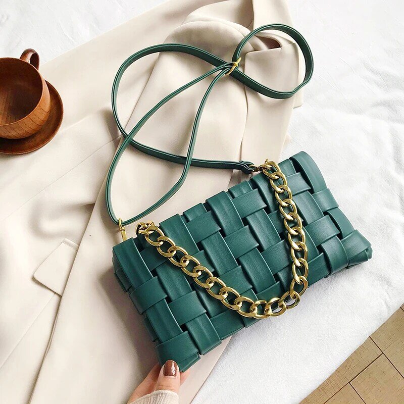 Модная сумка из натуральной кожи Вязание сумки для женщин 2021 новый роскошный дизайнерский Твердые Цвет с цепью на одно плечо сумка-багет