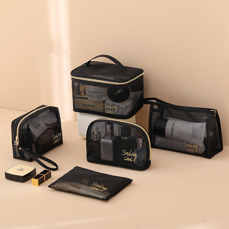 Bolsa de malla negra con cremallera, organizador cosmético de viajes, estuche para artículos de tocador diario, accesorios, bolso