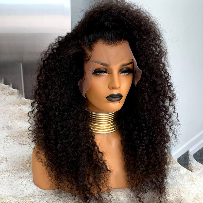 Natural Long Soft Synthetic Kinky Curly WIg 200 Density Black Wigs Loose Natual Hairline Glueless Lace Front Wig Fiber Baby Hair