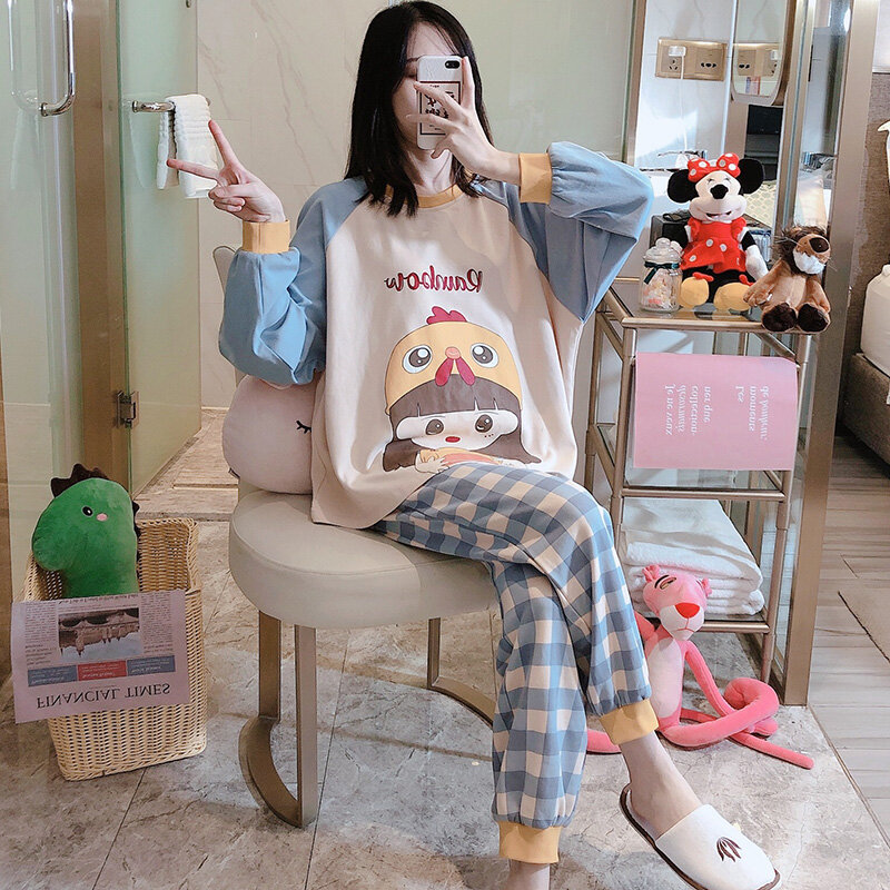 Pijama de algodón puro de dos piezas para mujer, traje holgado de manga larga con pantalones a cuadros, estilo coreano, para primavera y otoño, verano e invierno