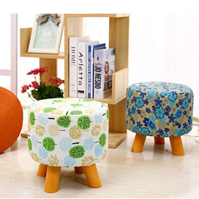 Small Stool Shoe Changing Stool Fabric Small Round Stool Solid Wood Short Stool Trying on Shoes Stool Four-legged Round Bench