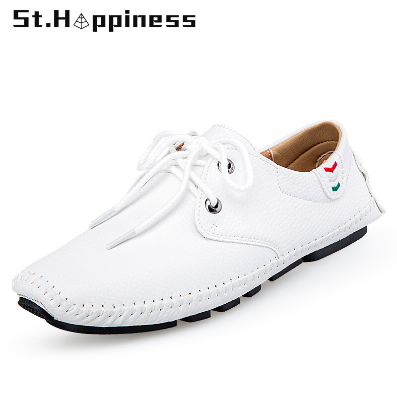 2021 Men Leather Shoes Outdoor Lace Up Driving Shoes Fashion Lightweight Soft Casual Shoes Classic Moccasins Loafers Big Size 48