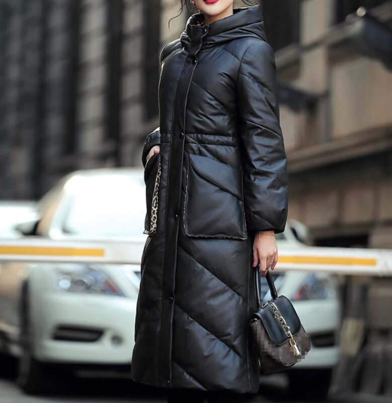 Novo inverno de alta qualidade das mulheres grosso casaco de pele carneiro com capuz de leopardo casaco feminino justo longo jaqueta de couro legítimo