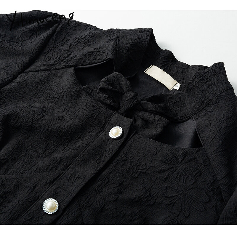 Chemisier noir pour femmes, Vintage, nœud, boutons, chemises, col en v, manches longues, droite, solide, mode coréenne, nouveaux hauts, printemps 2021