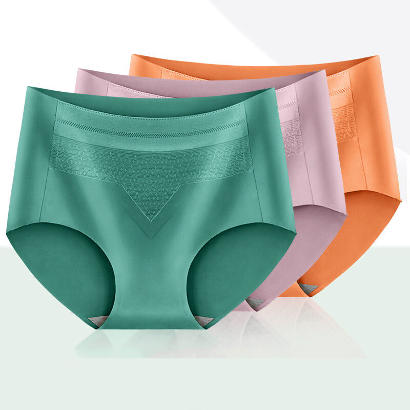Flarixa 3Pcs Women's Panties Seamless Sexy Lace Jacquard Mid Waist Transparent Briefs Antibacterial Cotton Plus Size Underwear