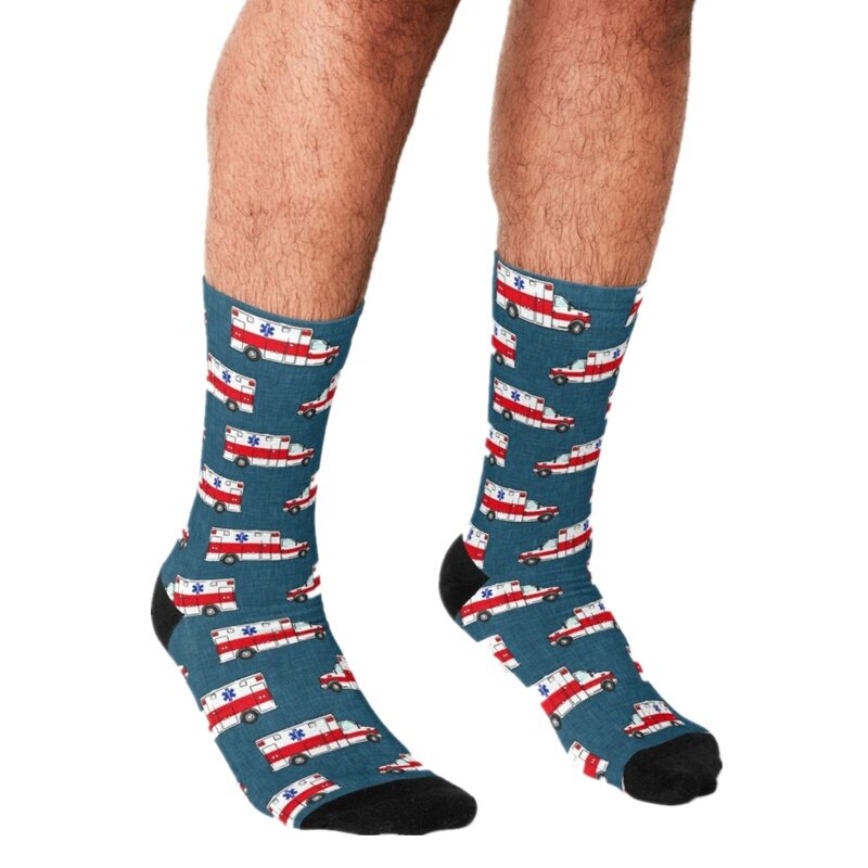Носки мужские с забавным принтом скорой помощи, повседневные сумасшедшие носки в стиле Харадзюку, хип-хоп, темно-синие