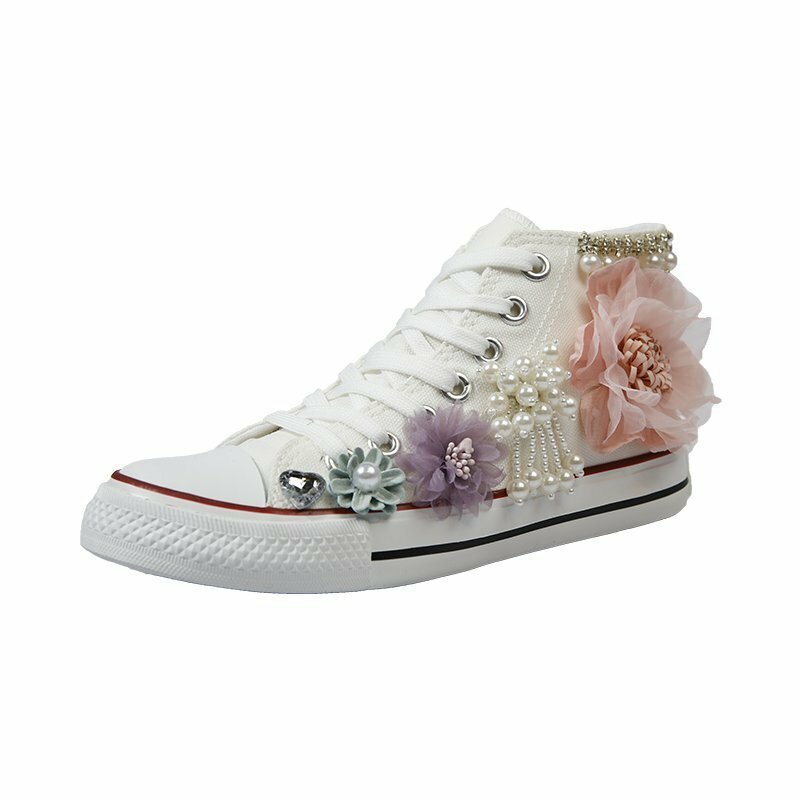 Zapatos de lona informales con perlas y flores para mujer, calzado de primavera y otoño con tacón plano a juego, color blanco