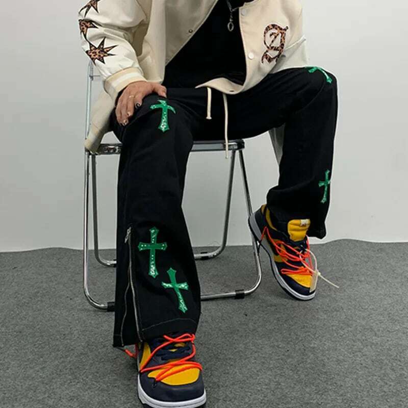 Pantalones holgados de campana para hombre y mujer, ropa de calle con bordado de Cruz Kpop, con cremallera en el tobillo, pantalones Punk informales de Travis Scott, 2021