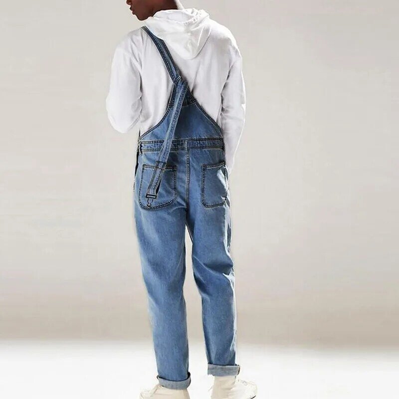 Celana Bib Denim Pria Fashion 2021 Jumpsuit Jeans Panjang Penuh Jeans Lurus Hip Hop Overall untuk Pria Streetwear Hip Hop