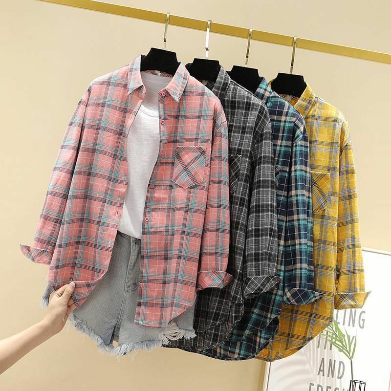 2020 New Woman Vent Vintage Plaid Shirt Single Breasted Turn down Collar Cotton Long Sleeve Pocket Loose Female Checked Shirt