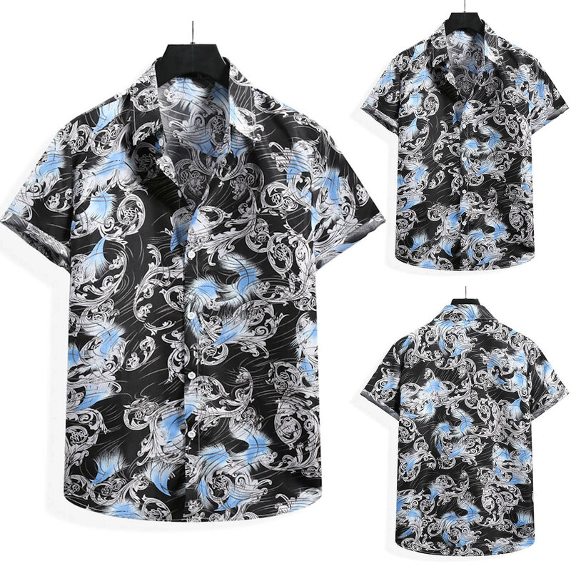 61# Summer Men Cardigan Short Sleeve Hawaiian Beach Shirt Flower Shirt Men's Casual Turtleneck Vestidos Shirts Camisas De Hombre