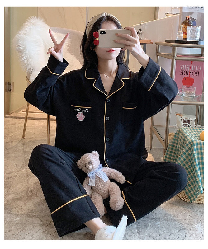 Pajamas Autumn and Winter  Women's Spring and Autumn Cotton Long Sleeve Lovely Home Clothes Two-piece Suit Net Red