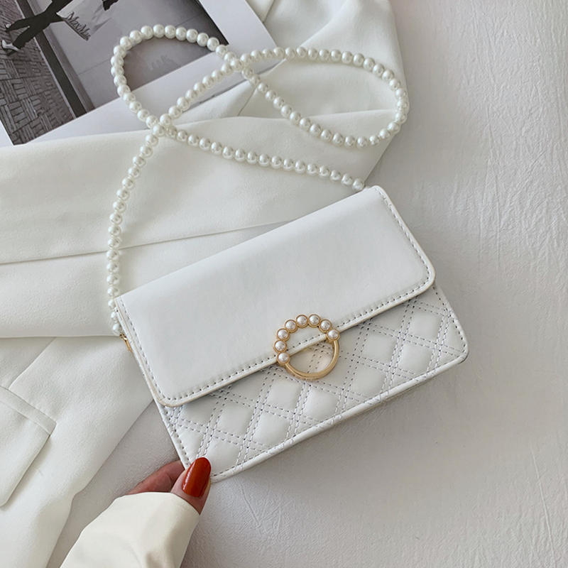 Bolso cruzado cuadrado de celosía para mujer, bolsas de cuero sintético de alta calidad, con perlas de diseñador, con correa, bolsas de mensajero de hombro, novedad de 2021
