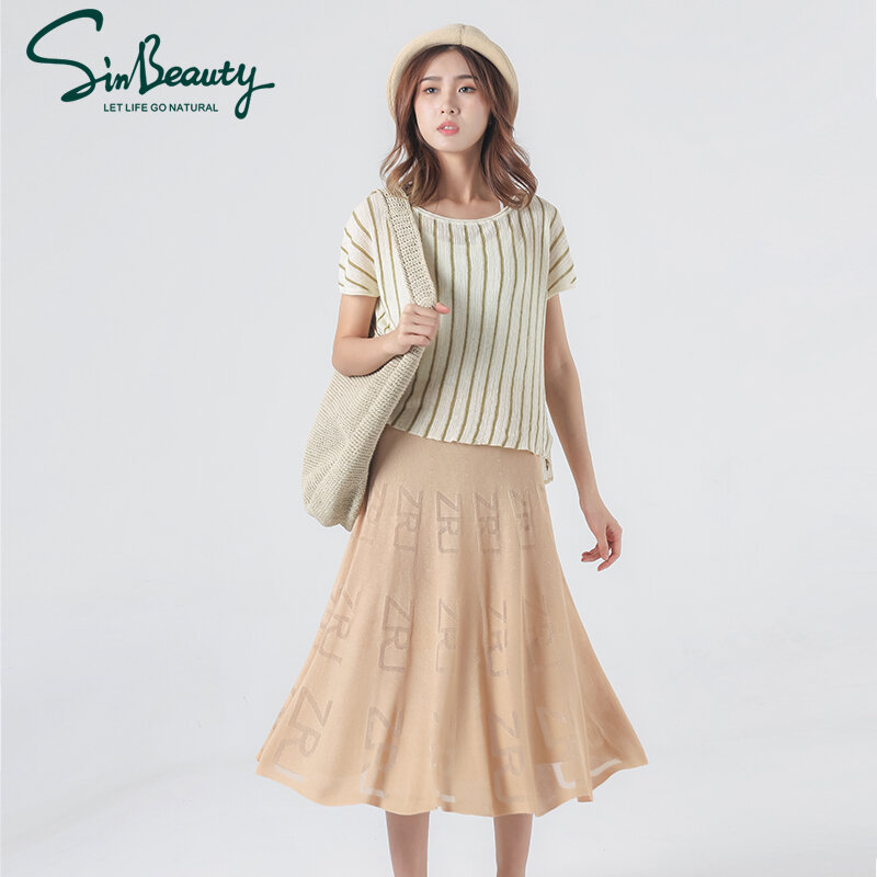 SINBEAUTY Summer Woman Skirt High Waist Skirts Letter hollow Fashionable Midi Jacquard Skirts Elegant A-line  Sensual Skirt