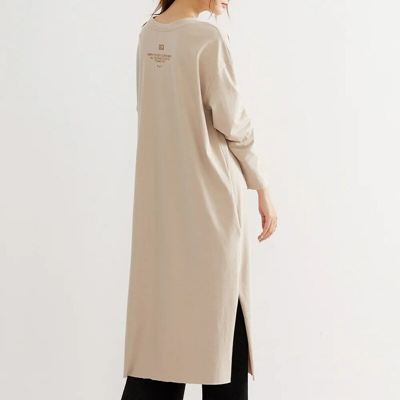 Robe ample à manches longues, col rond, couleur unie, fendue, Maxi, vêtements féminins, Style coréen, mode automne 2021