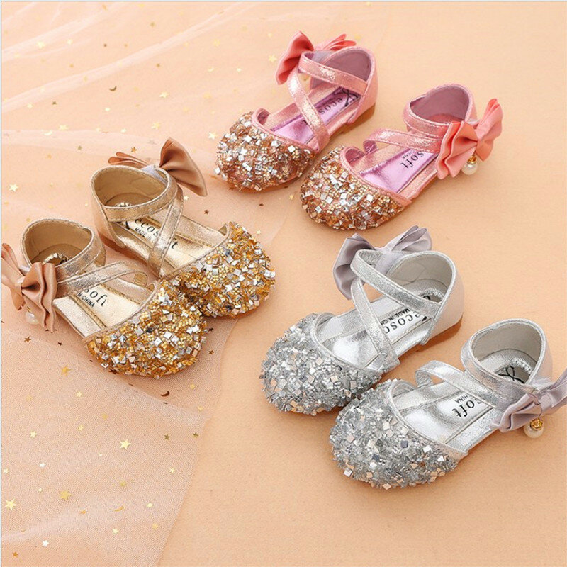 Zapatos de cuero para niñas pequeñas, calzado de tacón plano con lentejuelas, lazo y perlas, novedad de las cuatro estaciones, 2021
