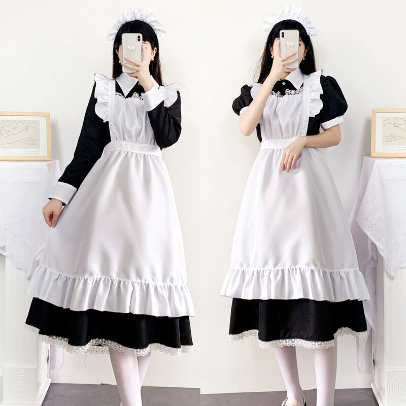 Frauen Maid Outfit Lange Maid Cosplay Kostüm Lolita Kleid mit Schürze Niedliche Anime Kleider Spitze Cafe Uniform Schwarz M-5XL