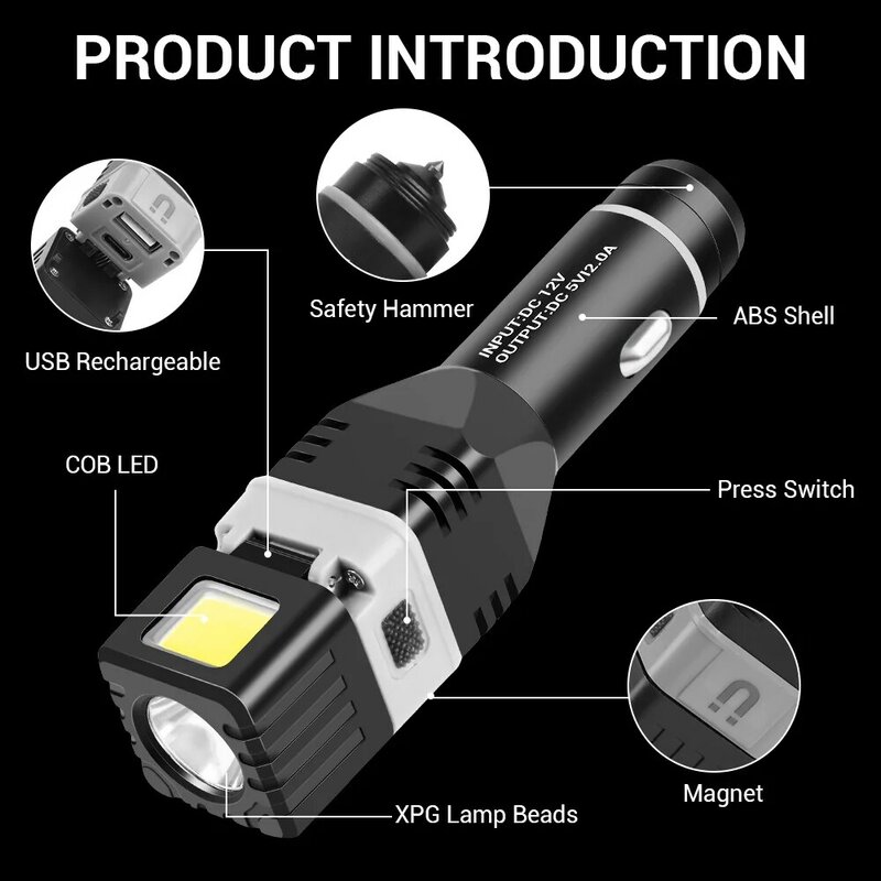 SEASENXI LED Flashlight Car Chargeable Mini Flashlight Powerful Built-in Battery XPG+COB Lamp beads Torch with Security Hammer
