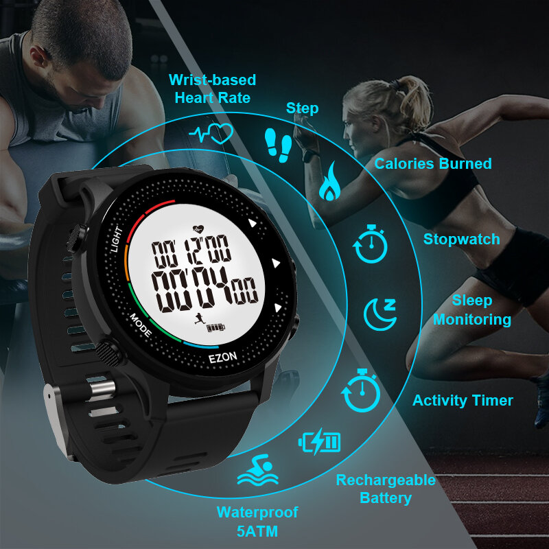 Digital Activity Tracking Watch with Heart Rate Monitor Pedometer Stopwatch Timer Waterproof 50M for Outdoor Sport Running