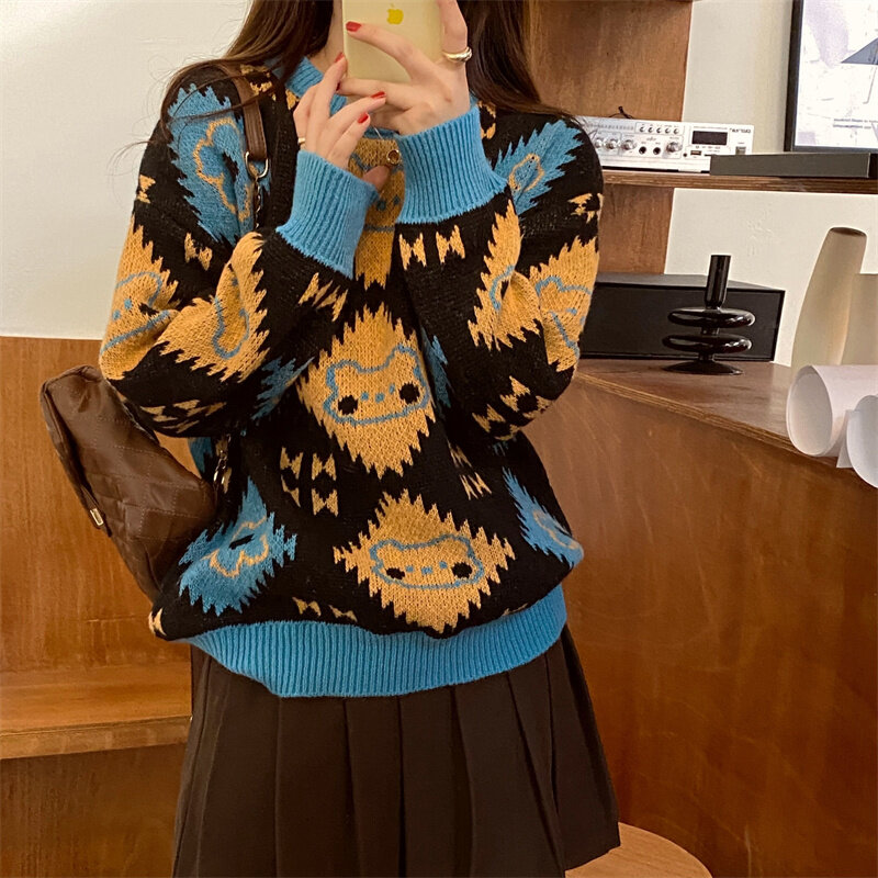 Cartoon Women's Knitting Pullover Cute Bear Sweater Contrast Color O Neck Autumn Winter Loose Top Wholesale 2022 Lady Clothing