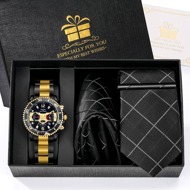 4PCS 패션 비즈니스 남자 시계 넥타이 스퀘어 스카프 세트 쿼츠 시계 남자에 대 한 절묘 한 합금 스트랩 달력 손목 시계 선물