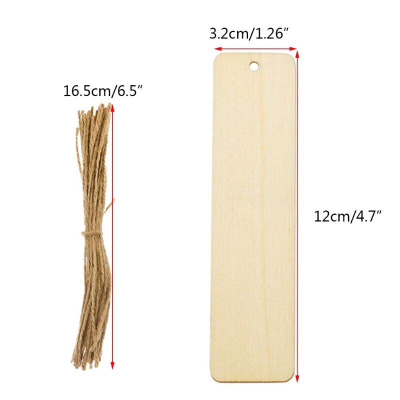 DIY Wooden Craft Bookmark Rectangle Shape Blank Bookmark Ornaments with Holes and Ropes for Easter Birthday Party Decor X3UE