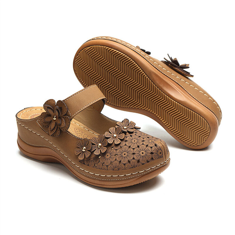 Sandalias de verano hechas a mano para mujer, zapatos planos florales de cuero, estilo Retro, zapatillas de fondo suave, 2021