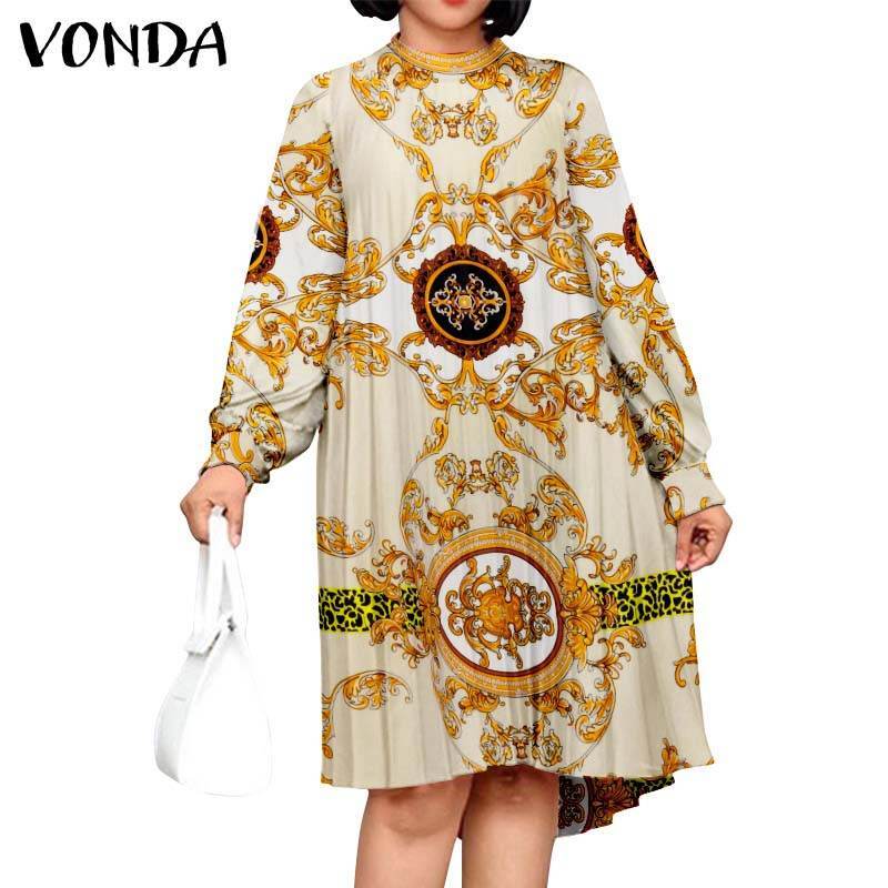 Plus Size Nữ Vivo Cổ Xếp Ly Tay Dài Vestidos Vintage In Hình Ngang Gối Áo Nữ Cổ Tròn Bohemian đầm Vestido
