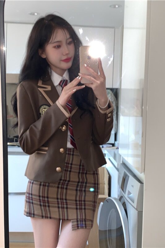 Coreano schoolgirl saia terno camisa branca saia plissada estilo faculdade envelhecimento terno casaco feminino